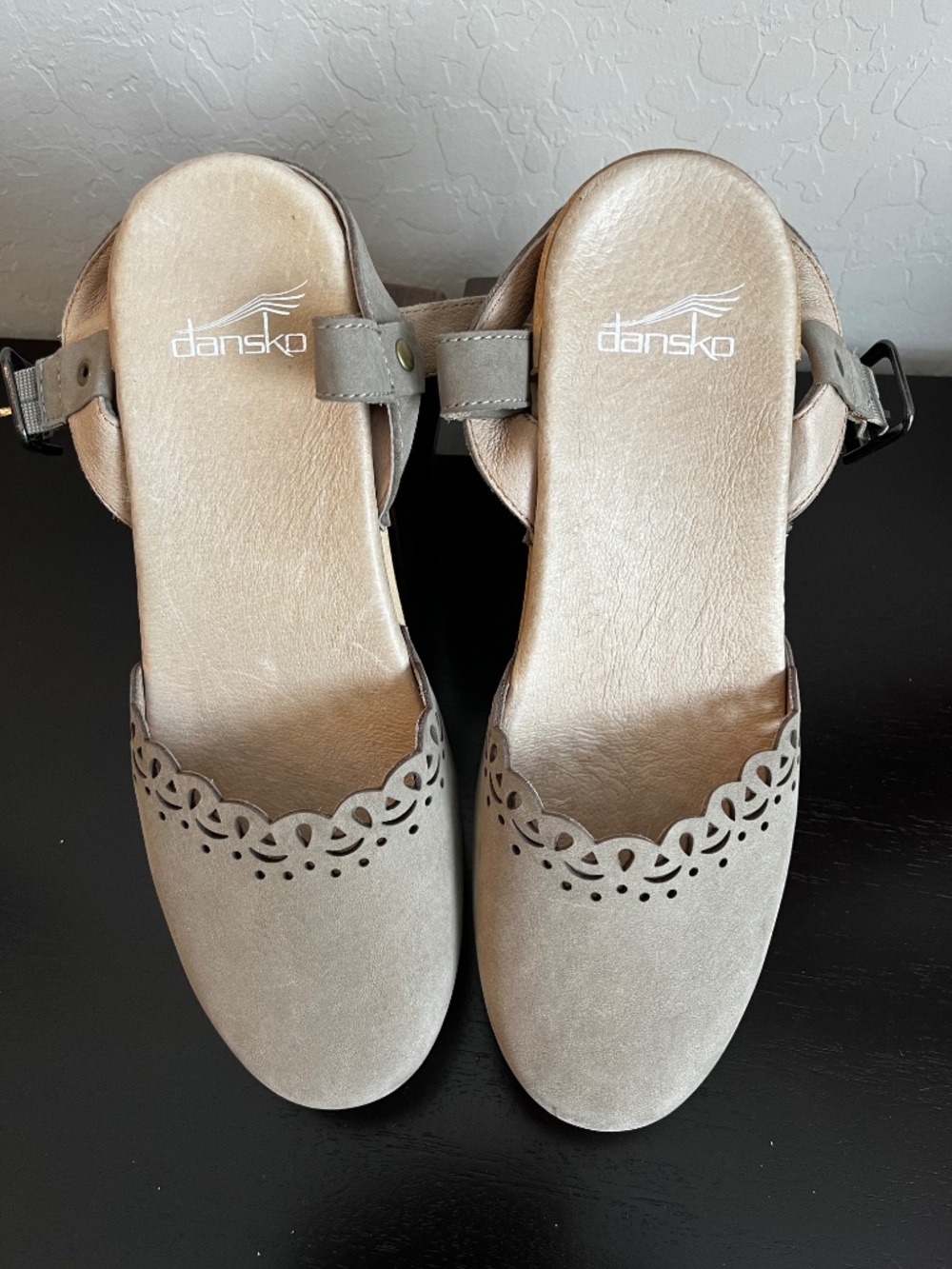 Dansko Tivoli Taupe Suede Mary Jane Clogs With A Laser Cut Scalloped Design 37 - Picture 2 of 4